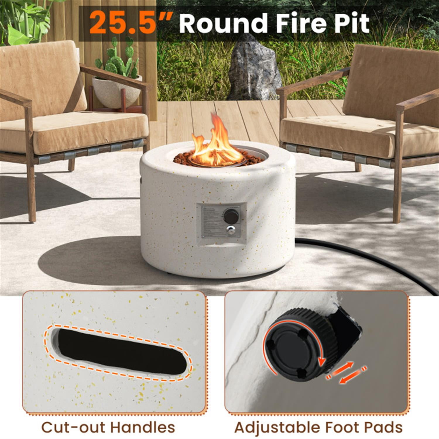 Demi Bonn 40 000 BTU 25" Round Terrazzo Propane Gas Fire Pit with Hideaway Tank Holder and Lava Rocks, White