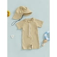 thumbnail image 3 of WIBACKER 0-3T Toddler Baby Boys Seersucker Short Sleeve One Piece Rash Guard Swimsuit Zipper Bathing Suit Swimwear with Hat, 3 of 9