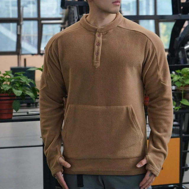 pstuiky camisetas de manga larga para hombre, Suéter deportivo informal ajustado de manga larga, cuello redondo, medio botón y bolsillo para hombre, color sólido y cálido l