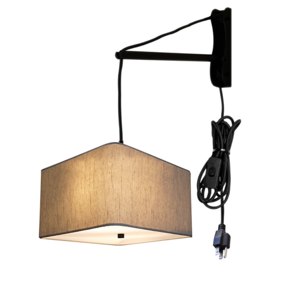MAST Plug In Wall Mount Pendant, 2 Light Black Cord/Arm with Diffuser, Rounded Corner Square Oatmeal Drum Shade, 12"W