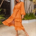 thumbnail image 3 of Elainilye Fashion Elegant Dresses for Women Comfortable Casual Button Zipper Long Sleeve Color V-neck A-line Skirt Belt Dress,Orange, 3 of 8