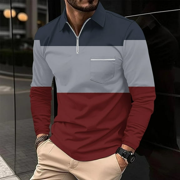 Haoxianjian Golf Shirts For Men Black T Shirts For Men Men'S Casual Printed Zipper T-Shirt Shirt Long Sleeved Lapel Top Fashion Gym Athletic