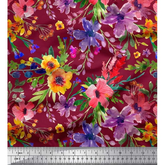 Soimoi Polyester Crepe Fabric Flower & Leaves Watercolor Printed Fabric 1 Yard 52 Inch Wide