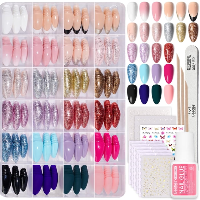 Kit Press on Nails con forma de escarabajos, 720 unidades, 24 colores, con pegamento y pegatinas