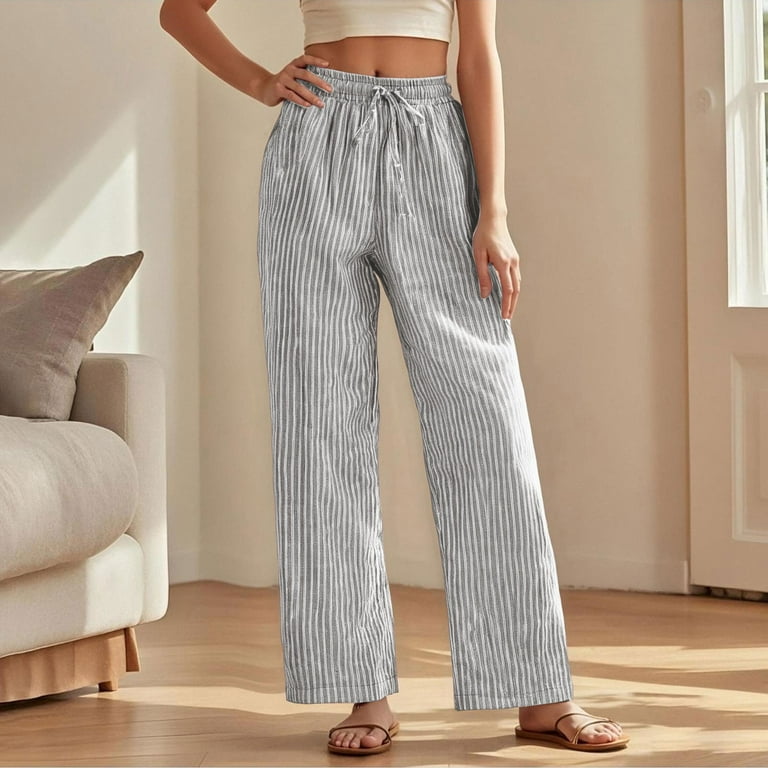 Women's Casual Pants Drawstring Striped Elastic Waist Straight Leg