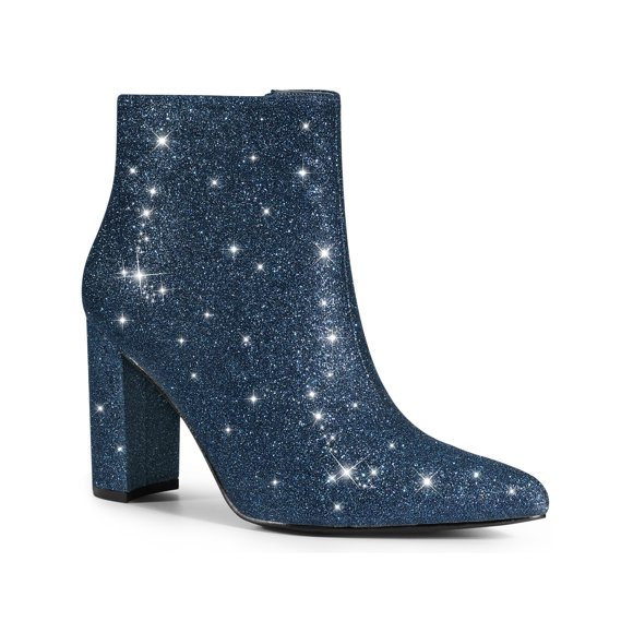 Unique Bargains Women's Glitter Pointed Toe Chunky Heel Sparkly Booties Ankle Boots Navy Blue (Size 6)