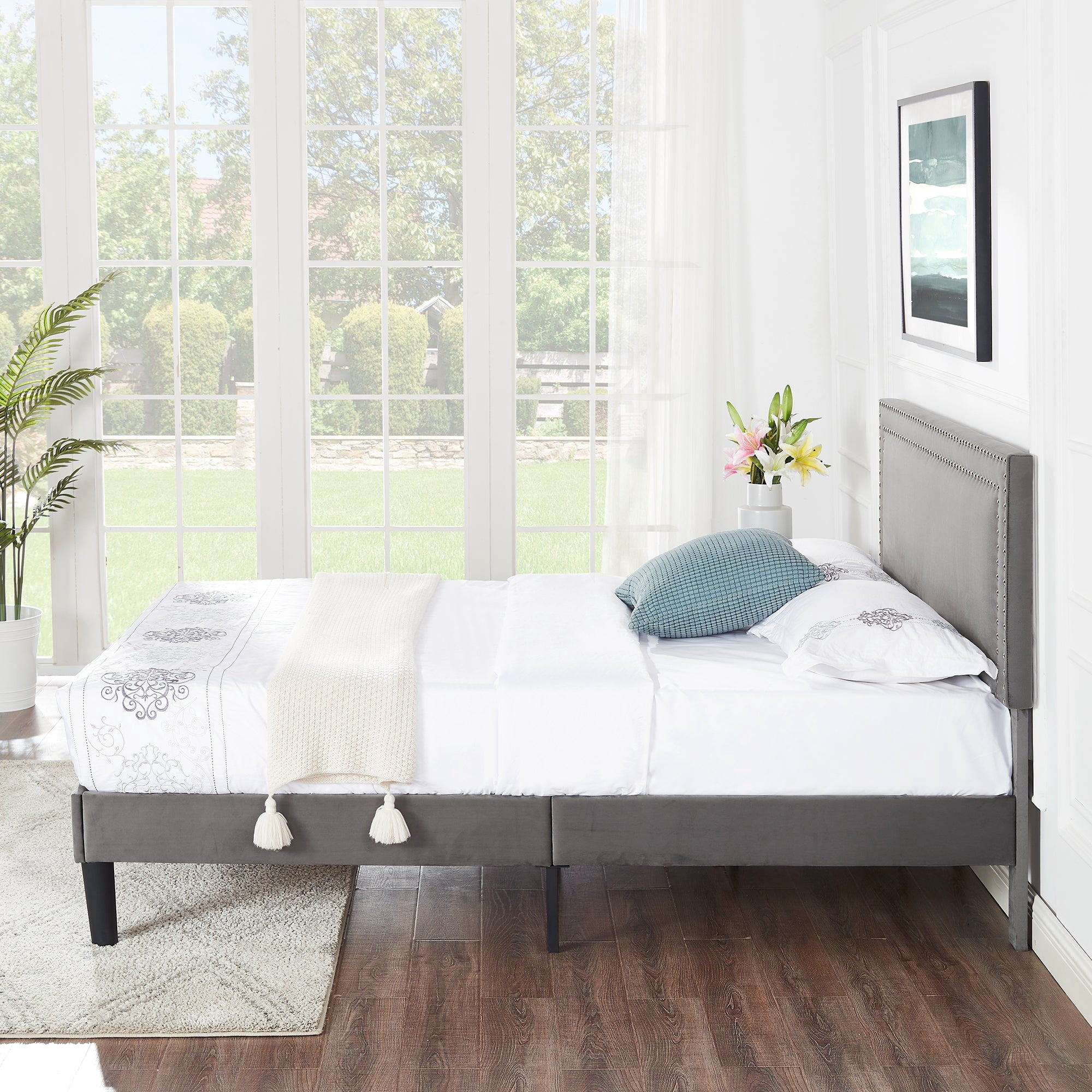 VECELO Queen Bed Frame, Upholstered Queen Size Platform Bed Frame with Adjustable Headboard, Strong Wood Slat Support, No Box Spring Needed, Dark Gray
