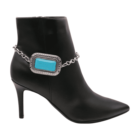 Women Silver Metal Chain Western Boot Bracelet Shoe Turquoise Blue Charm