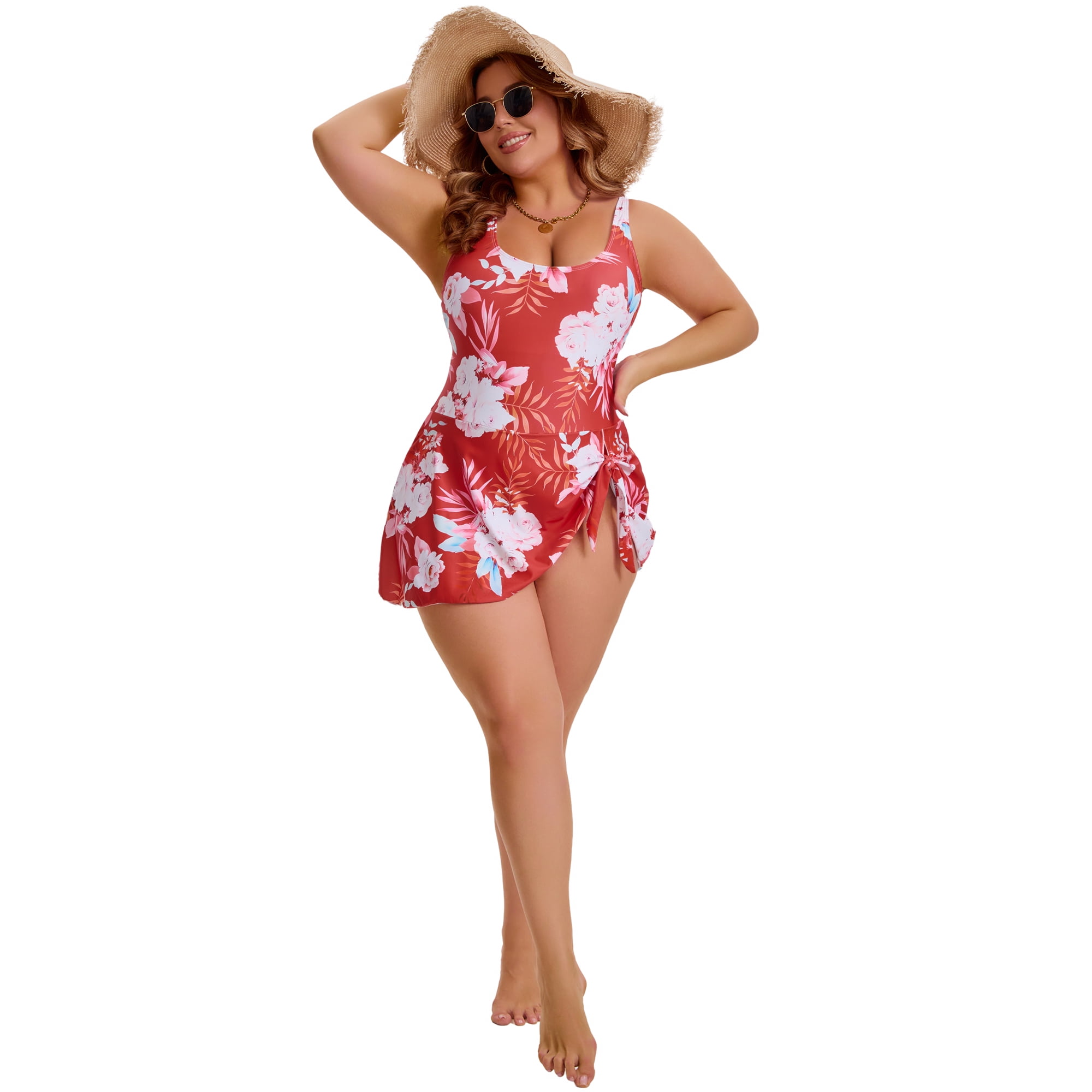DARING DIVA Women's Plus Swimdress Floral Push Up Bathing Suit 1X Brick Red