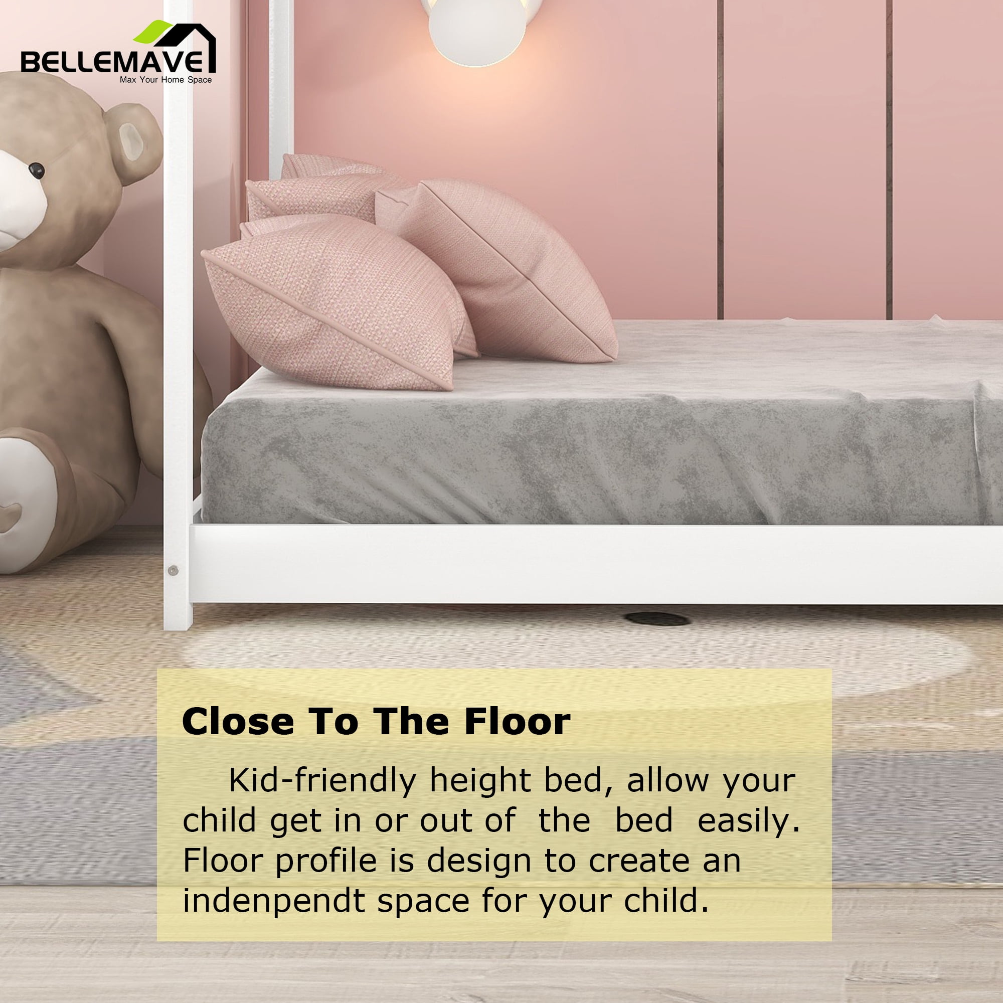 Bellemave Wood Twin Size  House Bed Frame, Montessori Floor Bed, No Box Spring Needed (White)