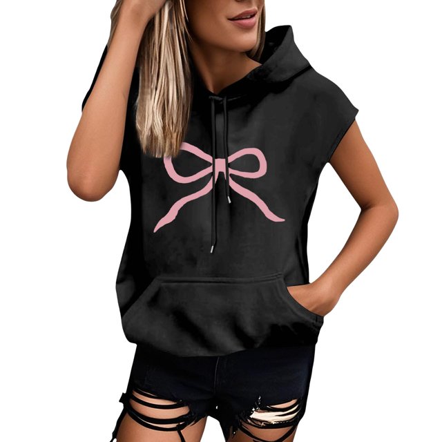 GDREDA Débardeurs pour Femmes Grande Taille Mode Imprimé Sweat à Capuche Manches Courtes Blouse Ample Débardeurs & Camisoles pour Femmes Noir,TTTG