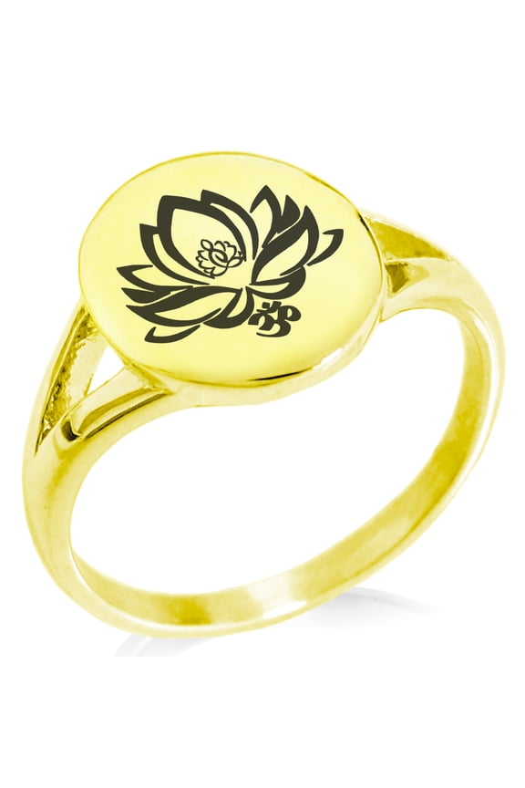 Stainless Steel Healing Lotus Om Minimalist Oval Top Polished Statement Signet Ring
