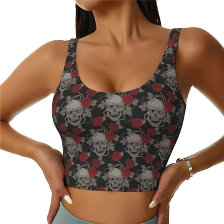 Jgfou Skull and Red Roses Print Womens Sports Bra - Padded Workout Sports Bras Crop Tank Top