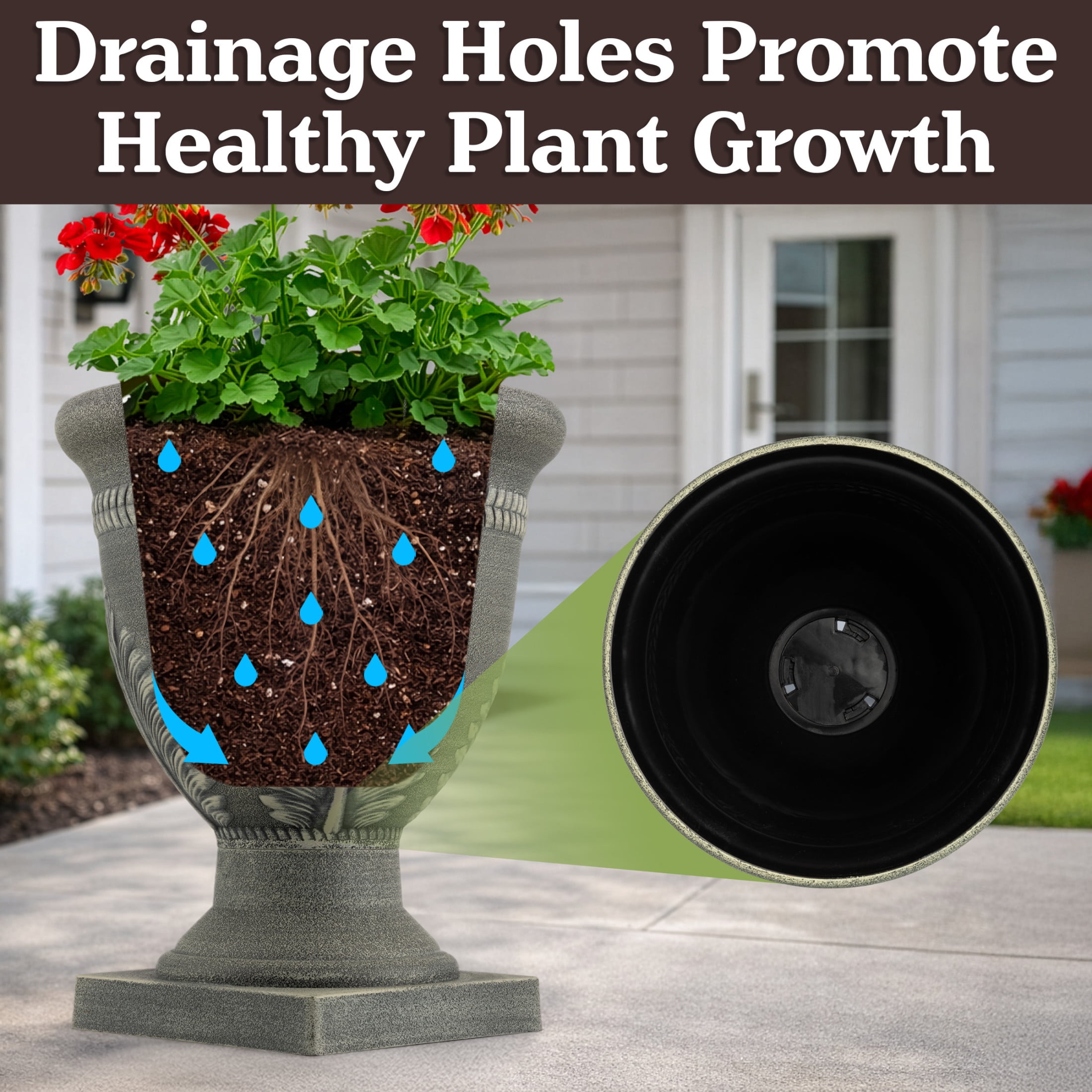 Pure Garden Outdoor Planter 2-Pack - 15.25x18.8in Large Plastic Urn Planters with Drainage, Gray