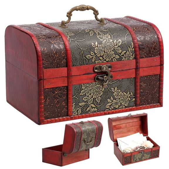 Grusce Wooden Vintage Treasure Chest, 10.24x6.5x6.3 inch Jewelry Storage Box with Buckle Closure and Handle, Keepsakes Box for Bedroom Dresser Countertop