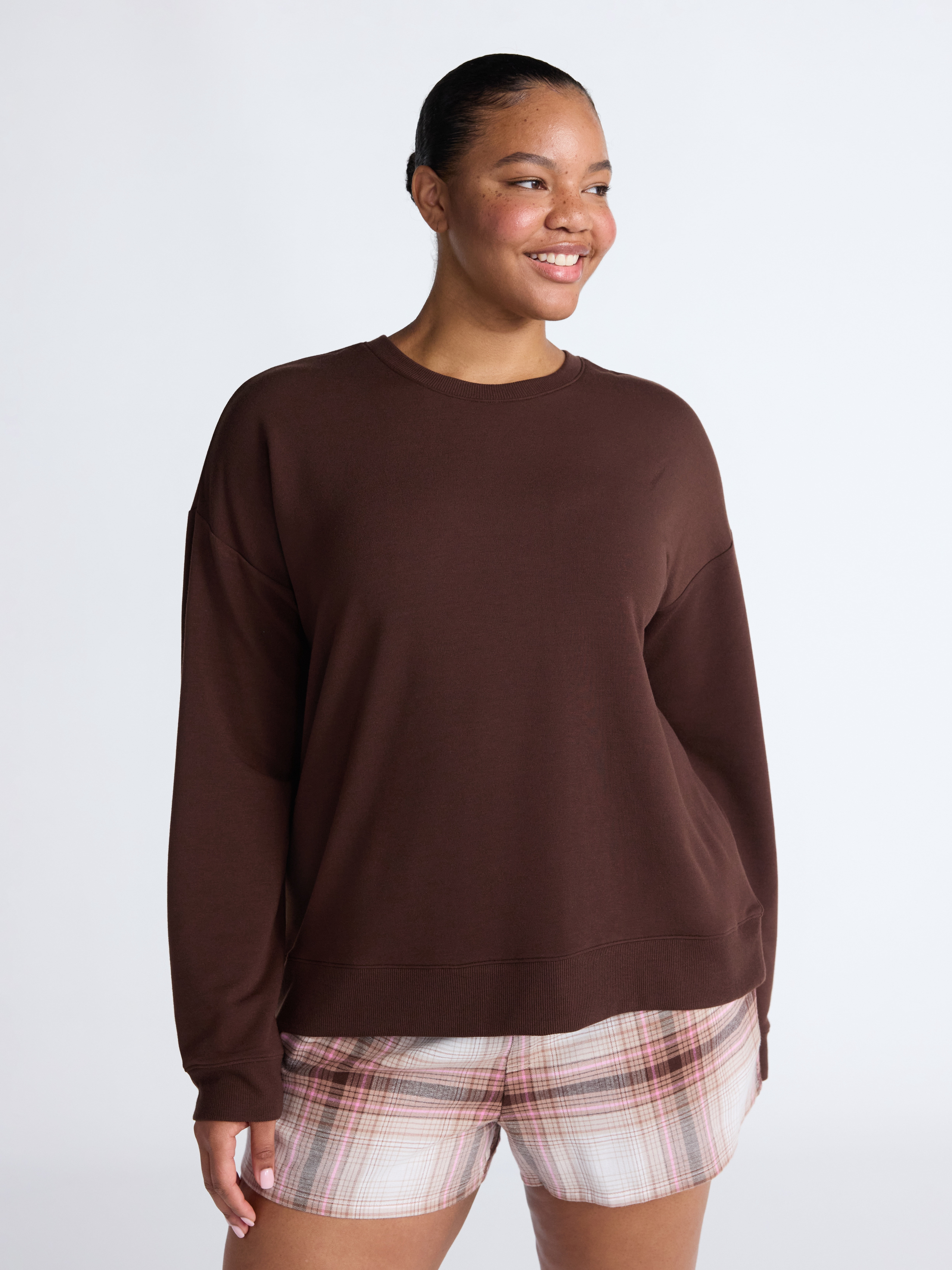 Joyspun Women's Fleece Drop Shoulder Sleep Top with Long Sleeves, Sizes XS-3X