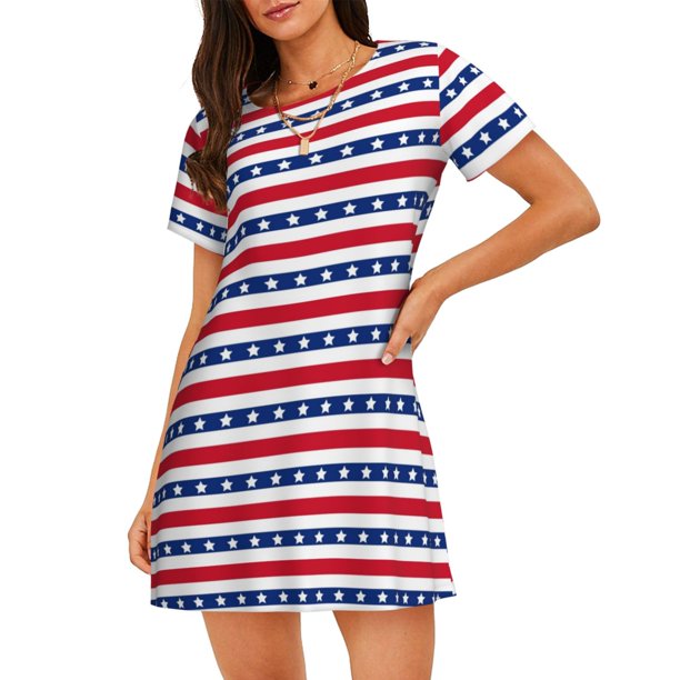 Fotbe Stars And Stripes Bata de Dormir para Mujer con Estampado, Camisón de Algodón de Manga Corta, Ropa de Dormir Casual