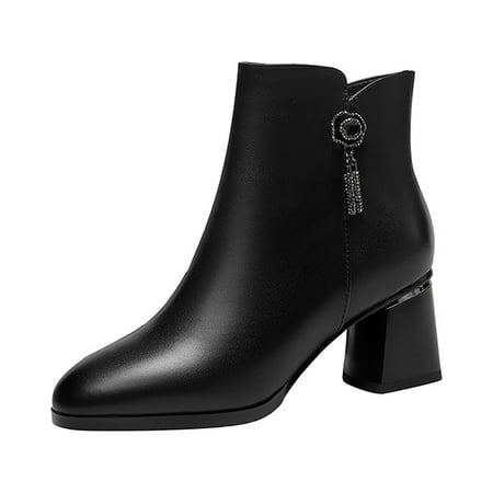 

BELLZELY Wide Width Women Shoes Clearance Women s New Plus-size Leather High Heels Frosted Side Zipper Short Heel Chunky Ankle Boots