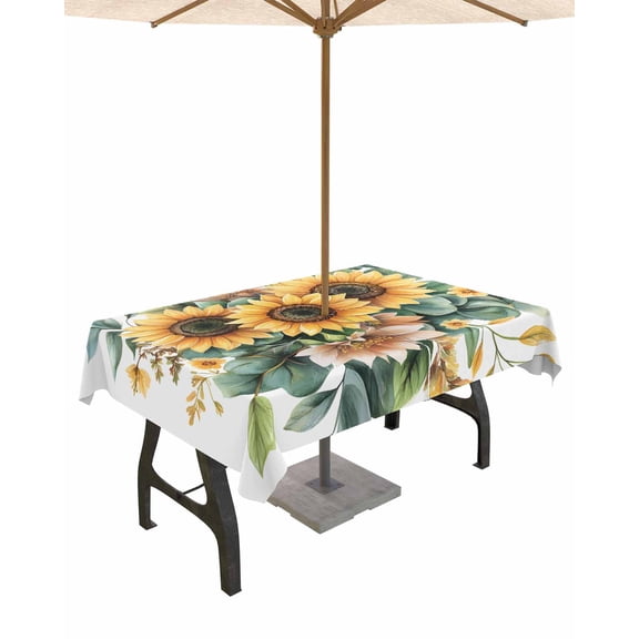 Outdoor Tablecloth with Umbrella Hole for Patio/Picnic/Party/Camping, Sunflower Waterproof Table Cloth Rectangle Table Cover Washable, Vintage Plant Leaf Eucalyptus Garden Floral 54"x 80"