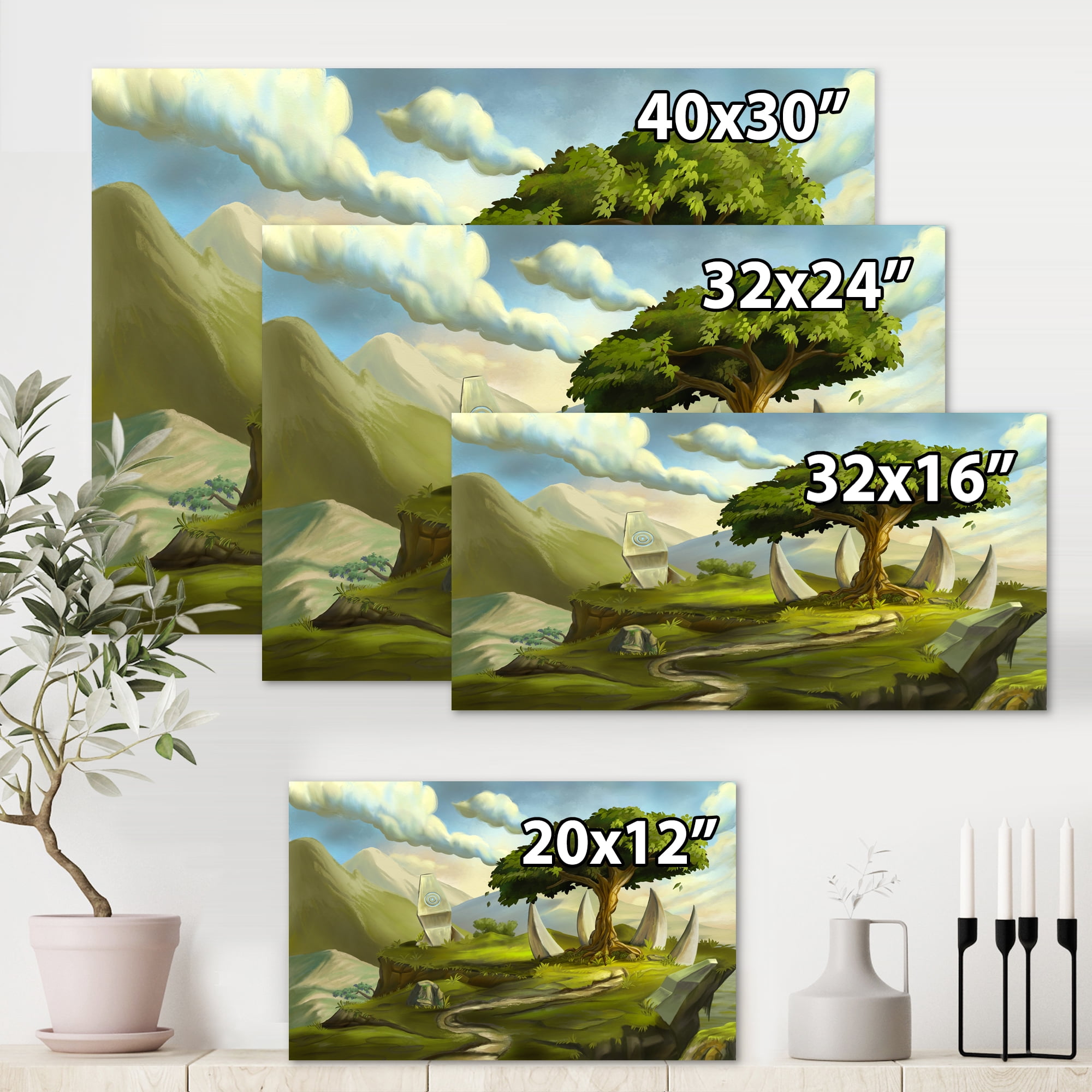 Designart ' Sacred Tree In A Fantasy Green Landscape ' Traditional Canvas Wall Art Print
