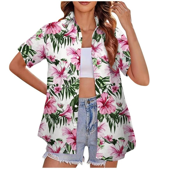 MAIHAN Women's Summer Hawaiian Shirts Floral Short Sleeve Button Down Shirts Hawaii Tropical Beach Tops(Light Pink,XXXL)