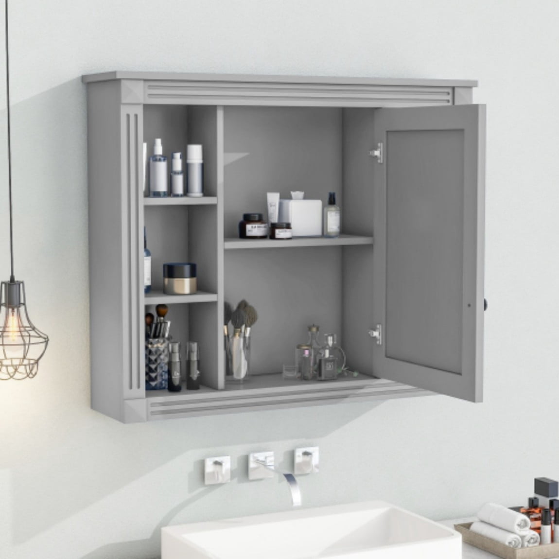 35"x 28" Wall Mounted Bathroom Medicine Cabinet with Mirror, Adjustable Shelves, Open Storage, Towel Bar, MDF Bathroom Storage Cabinet, Grey