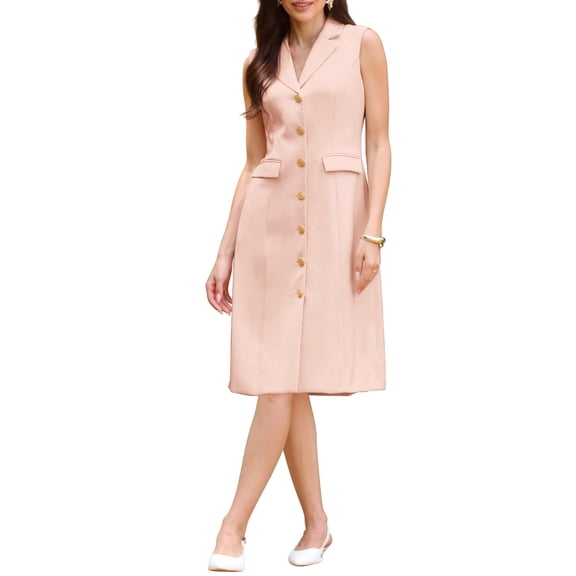 INSPIRE CHIC Women's Sleeveless Blazer Dress Collared Button Down Business Work A Line Dresses S Pink