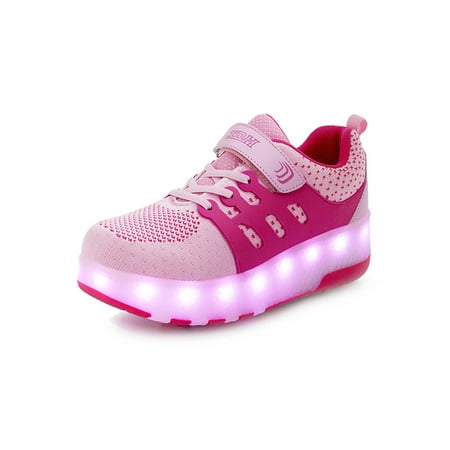 

SIMANLAN Boys Roller Skate USB Charge Skating Shoe LED Sneakers Girls Rechargeable Sport Sneaker Kids Light Up Kick-Roller Shoes Pink 11.5C