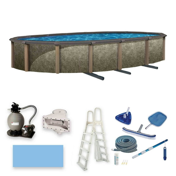 Blue Wave Riviera 15-ft x 30-ft Oval 54-in Deep 8-in Top Rail Metal Wall Swimming Pool Package