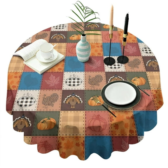 Happy Thanksgiving Turkey Fall Leaves Pumpkin Round Tablecloth 60" X 60",Wrinkle Wipeable Table Cloth for Kitchen Dining Room Picnic Patio Party