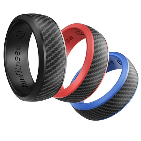 Ikonfitness Silicone Wedding Ring for Men - 3 Pack Comfortable Fit, Skin Safe, Non-Toxic, Antibacterial Rubber Wedding Ring Black, Blue, Red - Come with a Gift