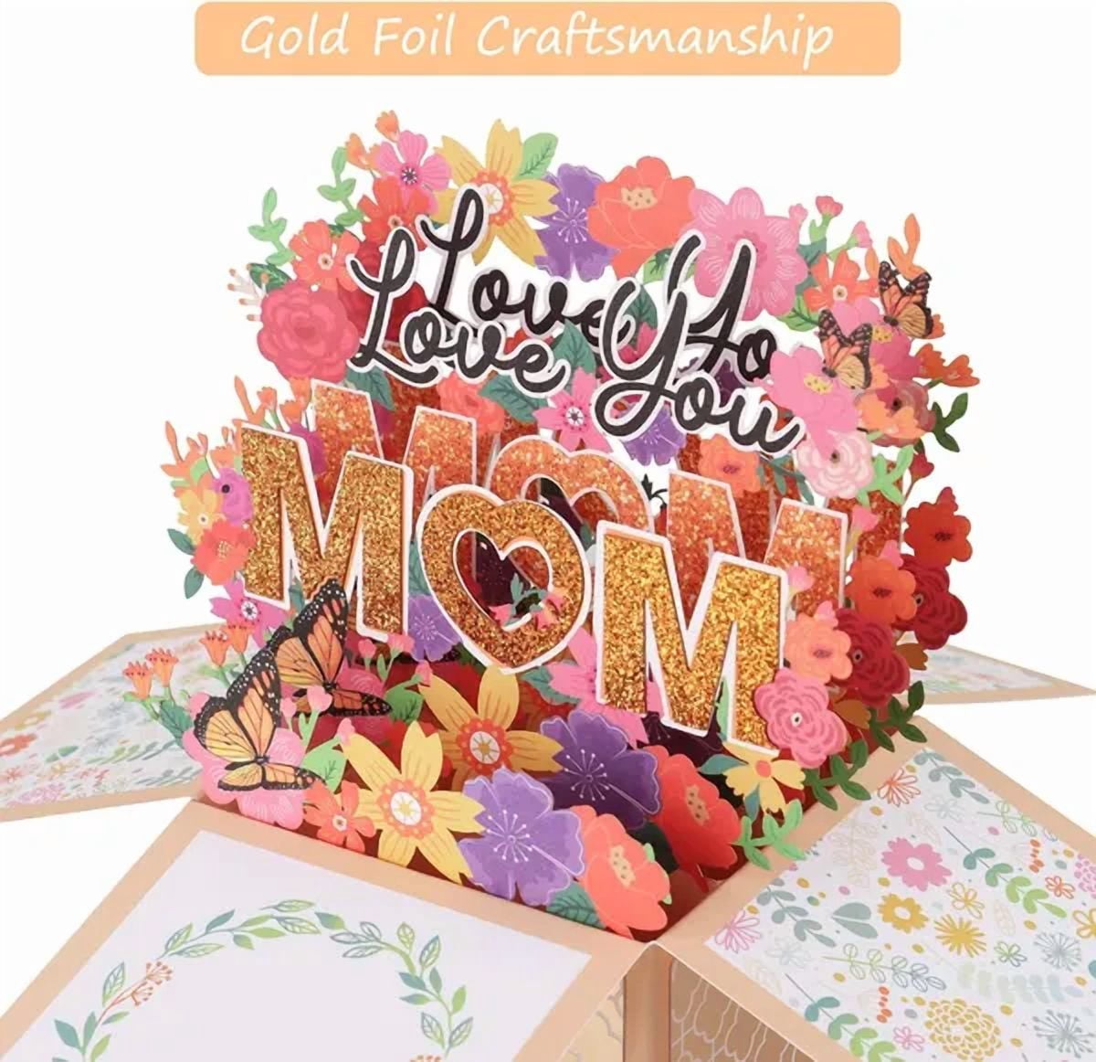 Yellow 3D Pop-Up Mother’s Day Card, Best Mom Ever Handmade Flower Greeting Card with Envelope & Notecard for Mom