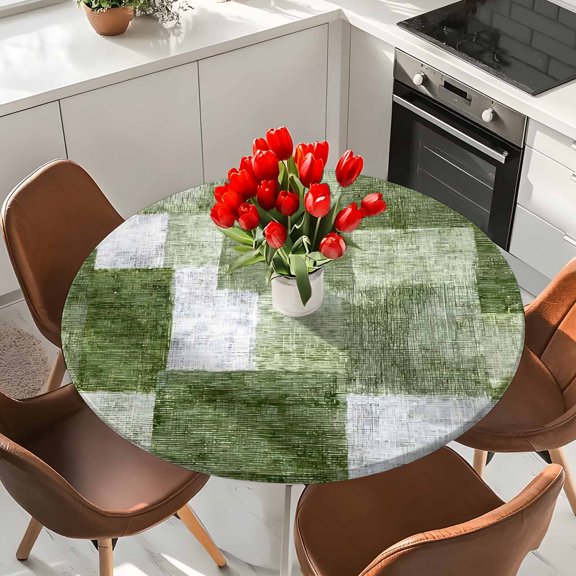 Modern Abstract Patchwork Elastic Fitted Round Tablecloth Watercolor Green Blocks Linen Waterproof Outdoor Table Cover for Holiday Party, Picnic, Patio & Dining Fits Tables Up to 55"-60"