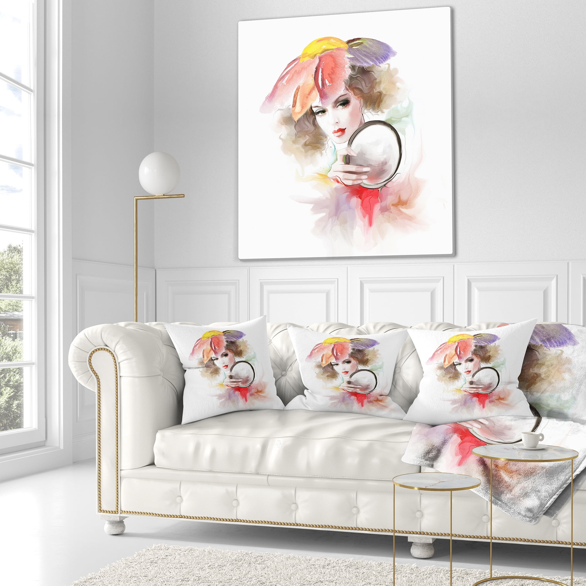 Designart Woman with Mirror - Abstract Throw Pillow - 18x18