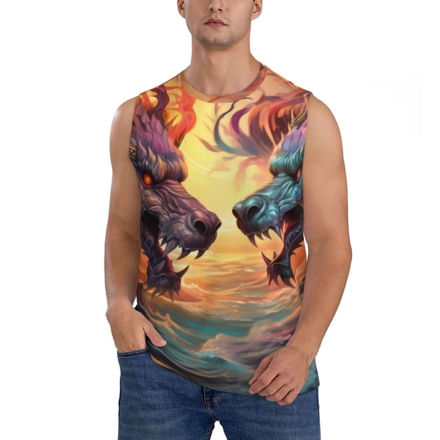 Balery Colorful Wave Dragon Head Camisetas sin mangas para hombre, absorbe la humedad y protege contra el mal olor.-X-Large