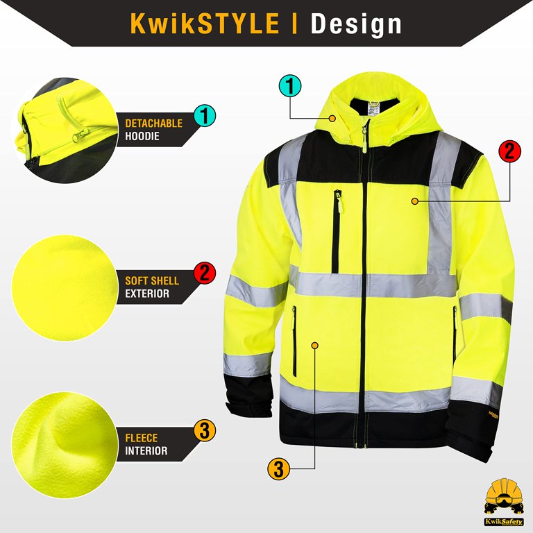 KwikSafety (Charlotte, NC) AGENT SoftShell Safety Jacket (DETACHABLE HOOD)  Class 3 Hi Visibility Water Resistant ANSI OSHA Reflective Hoodie Warm  Winter Construction Gear Men