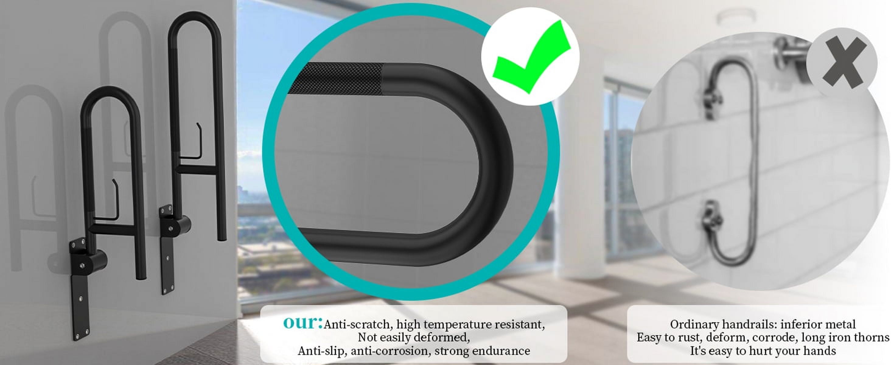 Toilet Grab Bar 30.3 Inch, ZUEXT U Shaped Anti-Slip Black Support Rail, Flip-Up Bathroom Grab Bar with Paper Holder, Stainless Steel Knurled Handicap Safety handrails for Elderly Disabled Pregnant