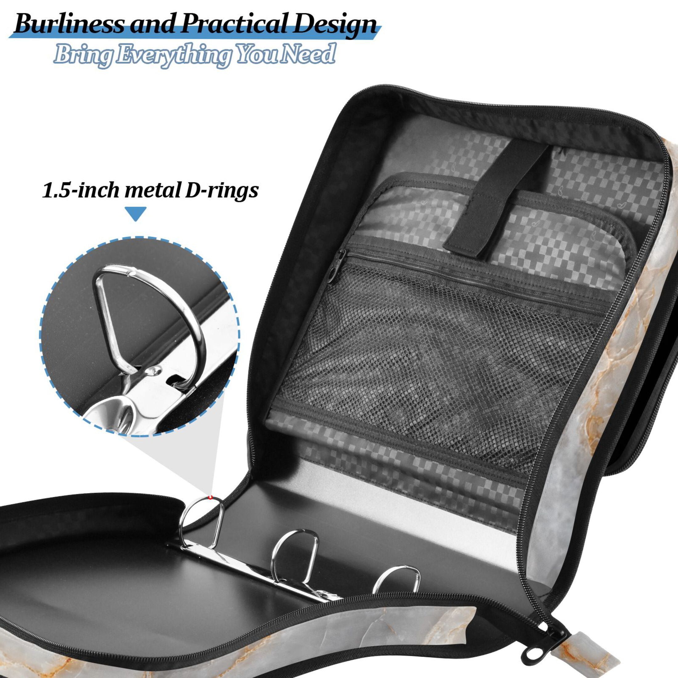 3 Ring Zipper Binder with Shoulder Strap Waterproof Trapper Keeper 2 Inch D-Ring 500 Sheets Capacity Marble Texture