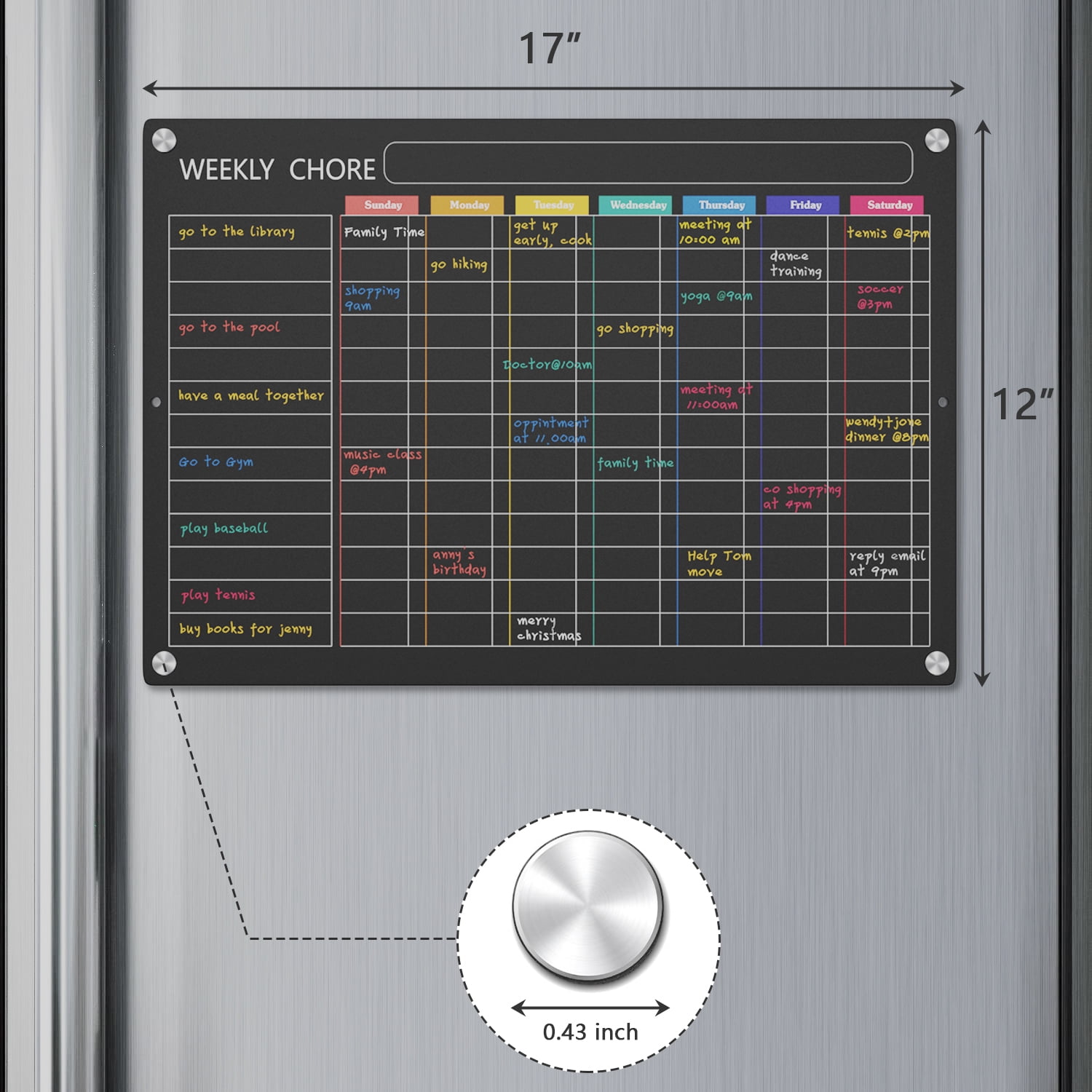 Magnetic Dry Erase Weekly Chore Board, Acrylic black Fridge Planner Board, Stain Resistant Refrigerator Board with Magnetic Chalk Eraser- for  Weekly Daily Refrigerator Planners Board