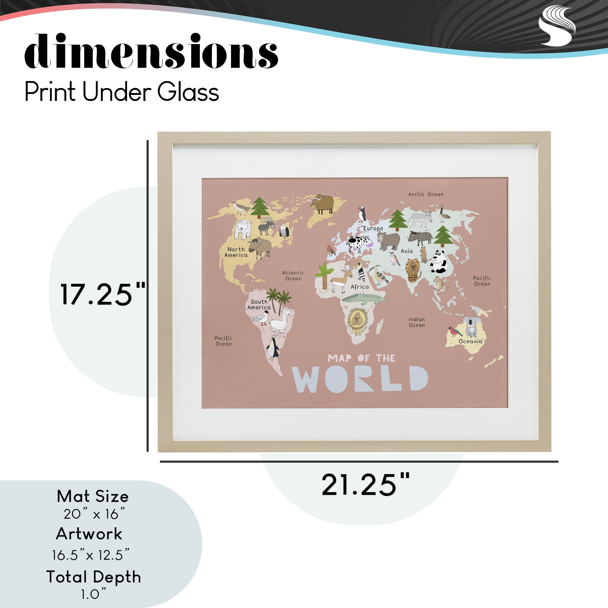 Kid's Map Of World Pink Birch Framed Print Under Glass, design by Carla Daly