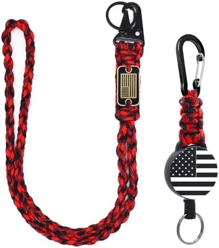 2 Pcs Retractable Keychain, Heavy Duty Badge Holder Reel – Braided Paracord Lanyard with USA Flag, Retractable ID Badge Clip Reel & Parachute Rope Necklace Keychains for Work or Traveling