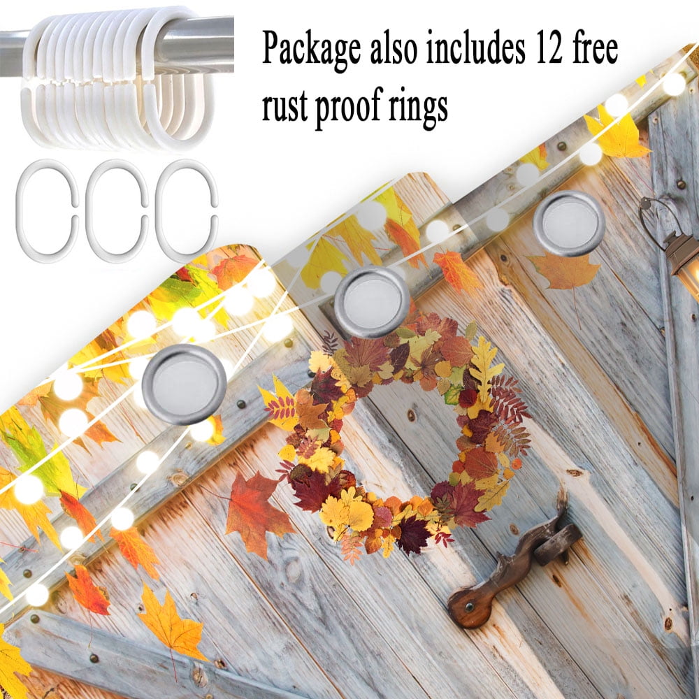 Fall Shower Curtain, Farmhouse Barn Door Pumpkin Bath Curtain, Rustic Autumn Thanksgiving Harvest Bathroom Curtain Bathtub Decor, Polyester Fabric Waterproof Bathroom Curtain with 12 Hooks 70X75in