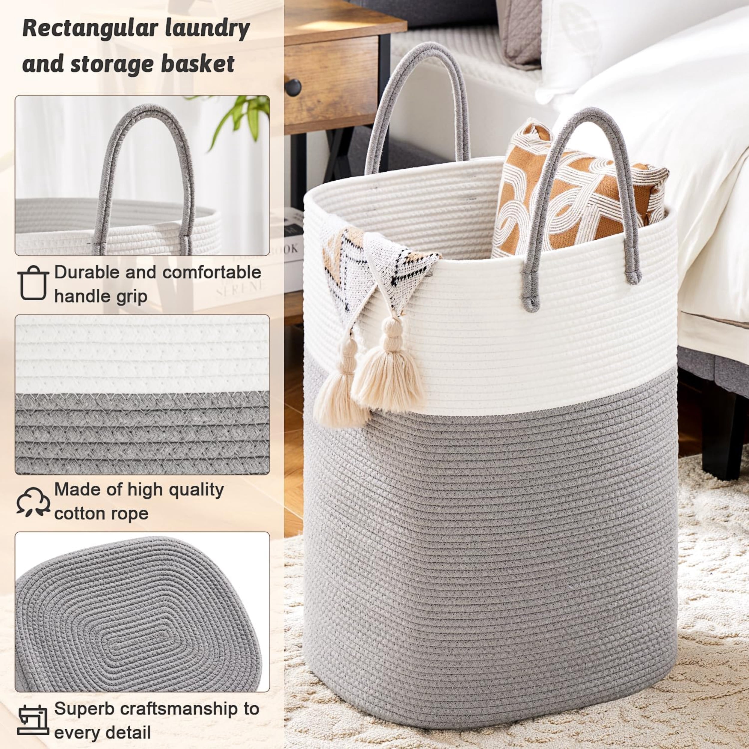 Laundry Basket, Woven Cotton Rope Laundry Hamper, Versatile Storage for Dirty Clothes, Baby Toys, and Blankets in Bathroom, Nursery, and Living Room