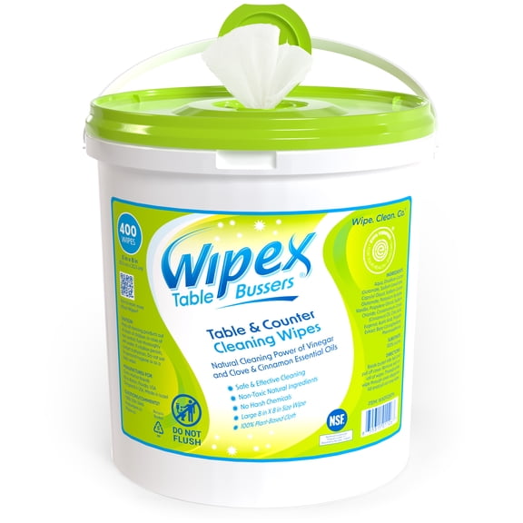Wipex Table Bussers Natural Surface Cleaning Wipes, 400 Count Bucket, Restaurant Table & Counter Wipes for Cafes, Bars, Schools, Offices & Home, 8" x 8" Disposable Cleaning Wipes