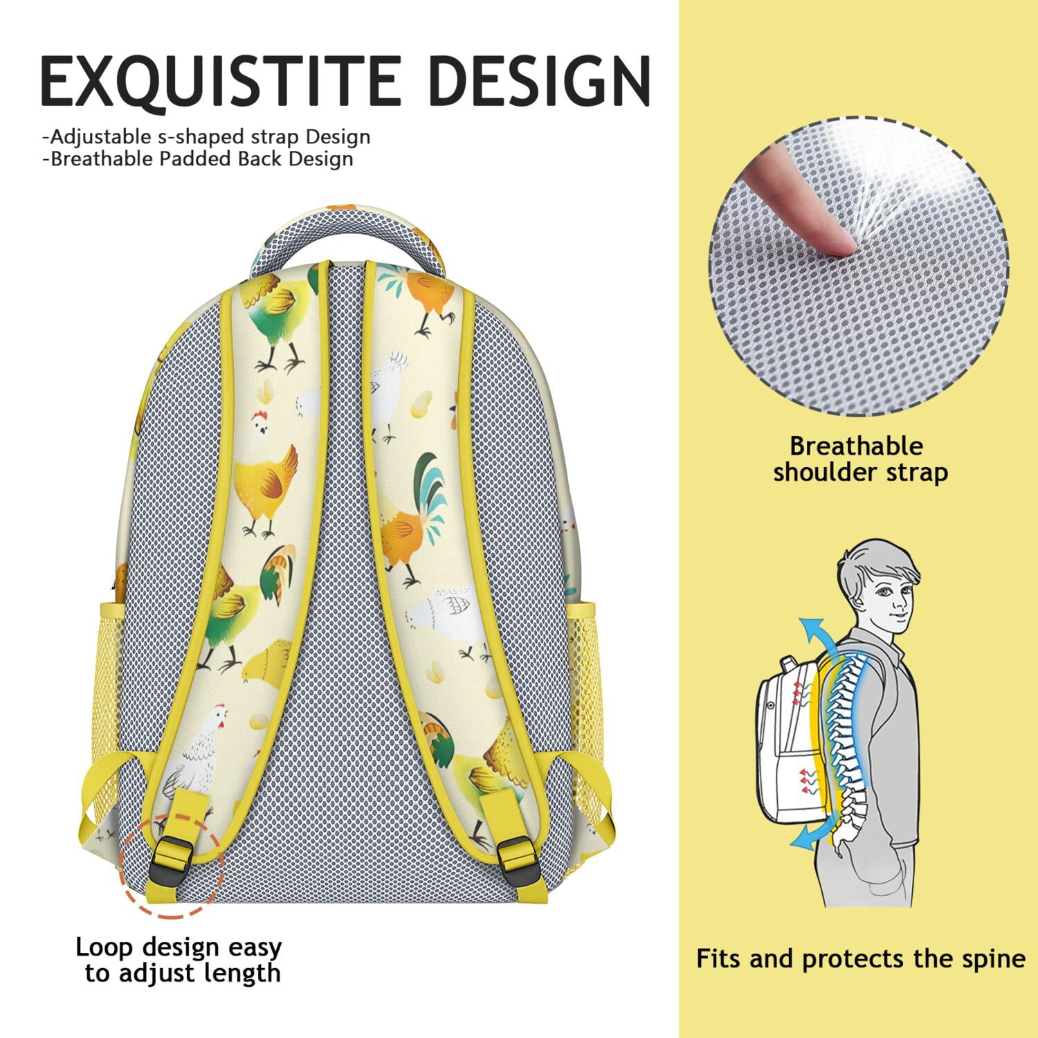 Farm Chicken and Moon Print School Backpack - Ergonomic Waterproof Bag with Breathable Mesh Straps & Side Pockets