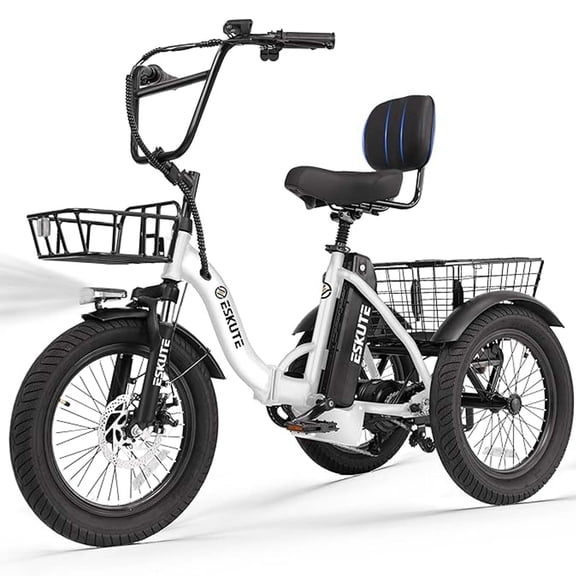 ESKUTE White E Trike Electric Bike, Peak 1200W Brushless Motor Folding Trike 18X3.0 Fat Tire Ebike, 499Wh Removable Battery, Step-Thru 3 Wheel Electric Bicycle, 48V 13AH 18MPH Tricycle for Adults