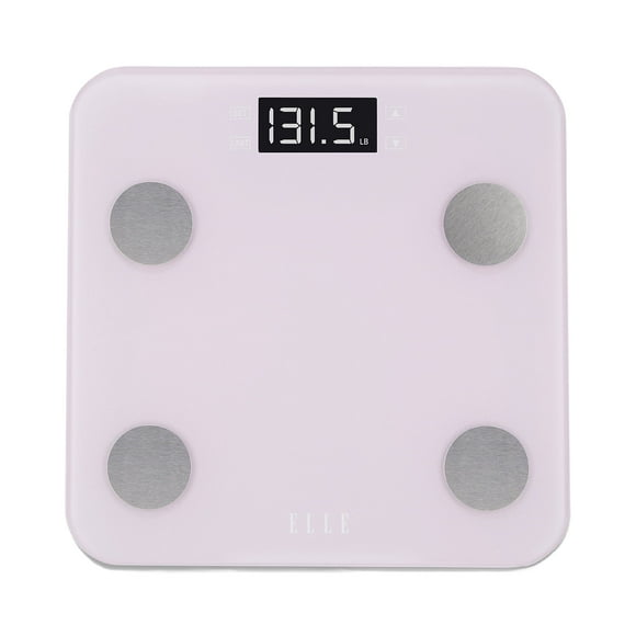 Báscula digital ELLE con IMC, grasa corporal, hidratación, masa muscular, masa ósea, calorías y seguimiento de peso. Morada, pantalla LCD, vidrio templado, capacidad de 181 kg.