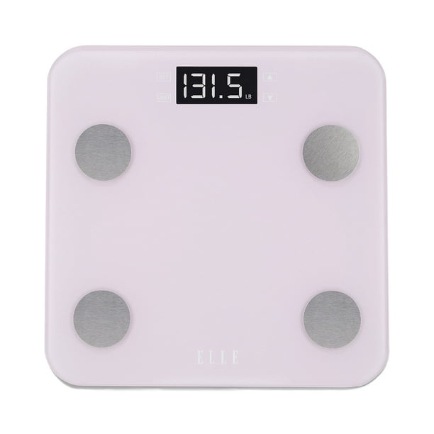 Báscula digital ELLE con IMC, grasa corporal, hidratación, masa muscular, masa ósea, calorías y seguimiento de peso. Morada, pantalla LCD, vidrio templado, capacidad de 181 kg.
