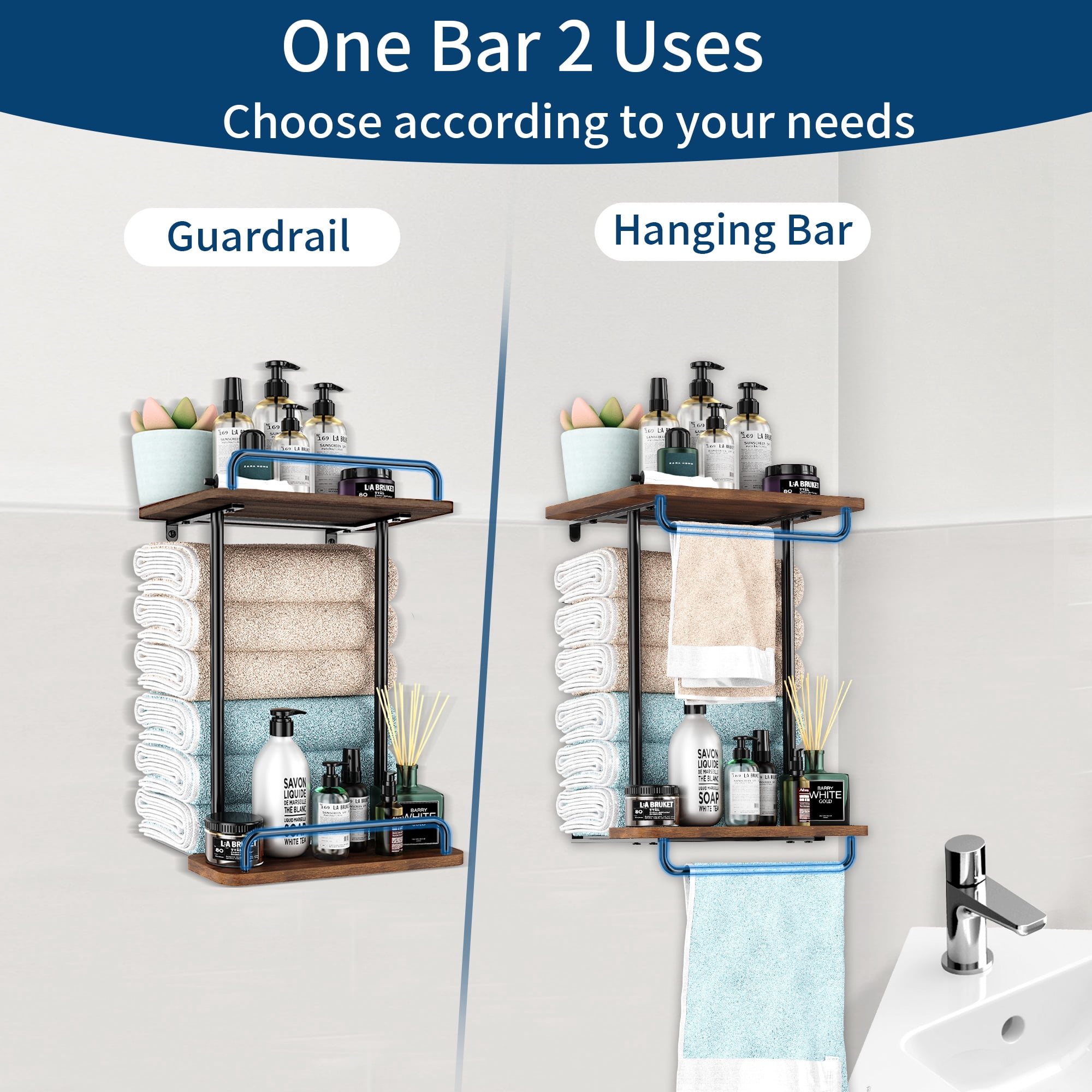 Bath Towel Storage for Small Bathroom Wall Mounted, 2 Tier Towel Shelf, Wall Towel Rack for Rolled Towels, Towel Holder with Metal Shelf, Towel Organizer with Hang Rod