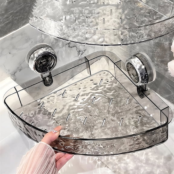 LAMIRO Corrugated Suction Cup Storage Holder Corner Shower Caddy Large Organizer Bathroom Shelf Clear Acrylic Shower Tray Shelves Inside Floating Shower Wall Shelf Bath Basket Rack Heavy Duty